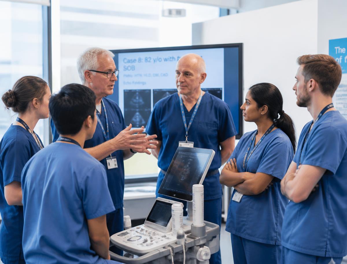 Senior clinician teaching junior doctors around medical equipment